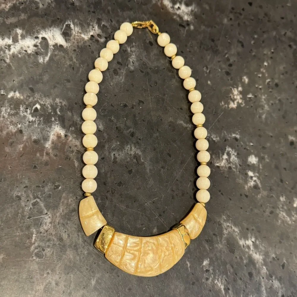 Vintage 16" Napier Ivory & Gold Tone Bib Choker Necklace w/ Round Ivory Beads - Picture 1 of 4